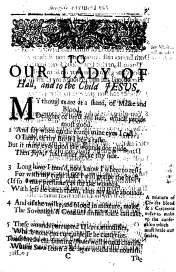 A poorly copied black-and-white page of text titled “To OUR LADY OF Hall, and to the Child JESUS”; the rest of the text is half-obscured because text from the opposite side bleeds through.